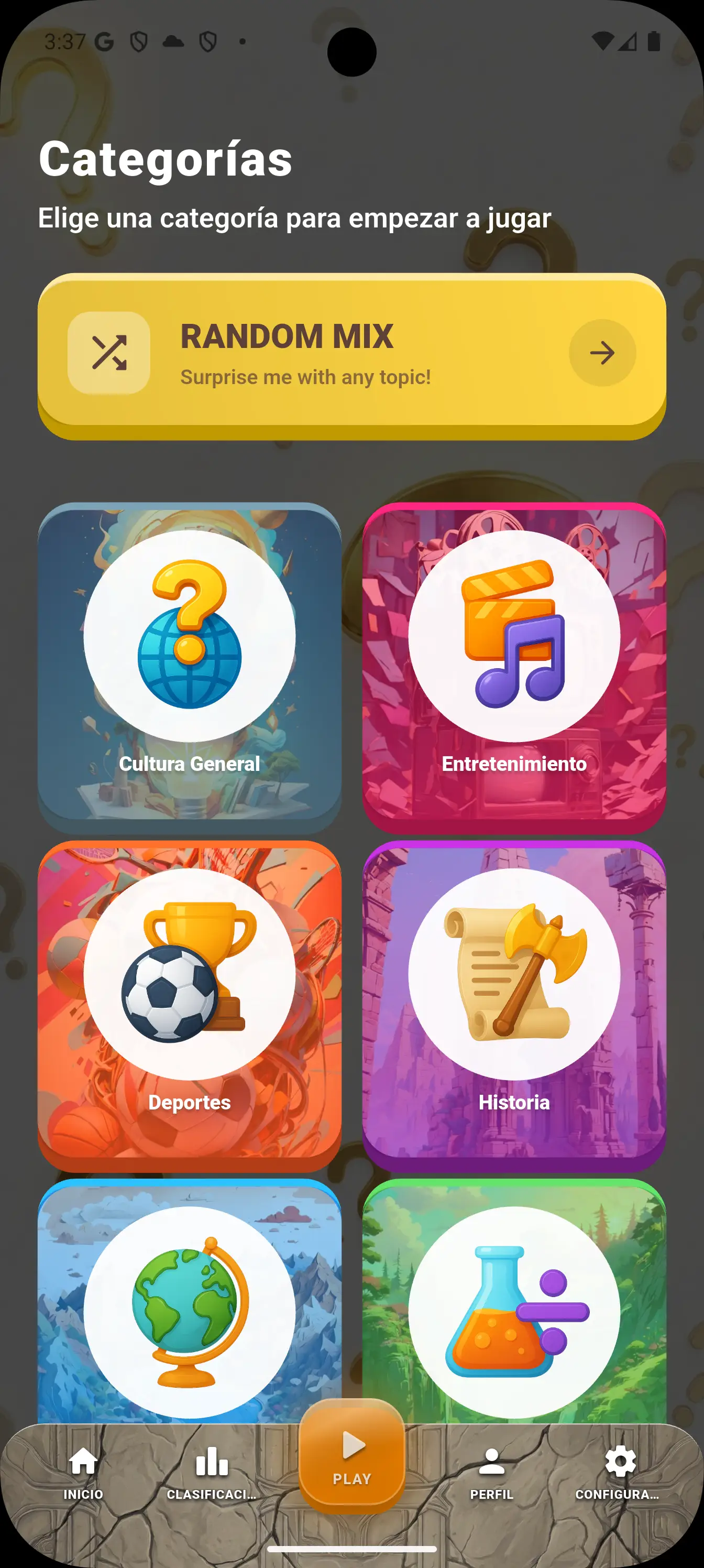Pantalla de categorías de Quiz & Trivia Legends