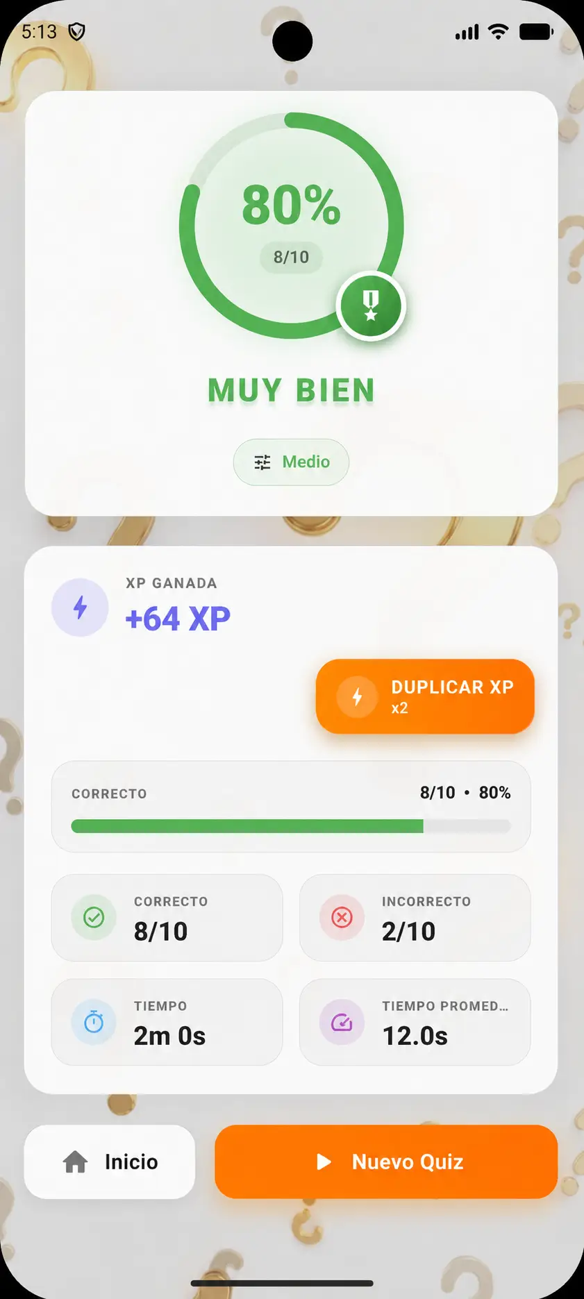 Pantalla de resultados de Quiz & Trivia Legends