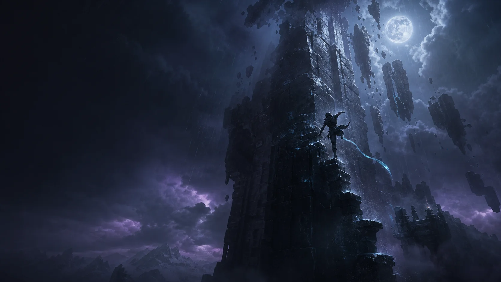 Escalador ascendiendo una torre oscura bajo la luna en Shadow Climb